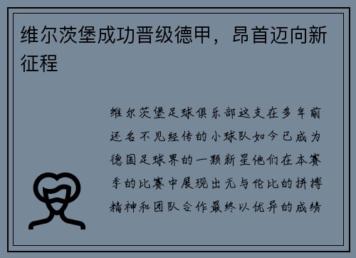 维尔茨堡成功晋级德甲，昂首迈向新征程